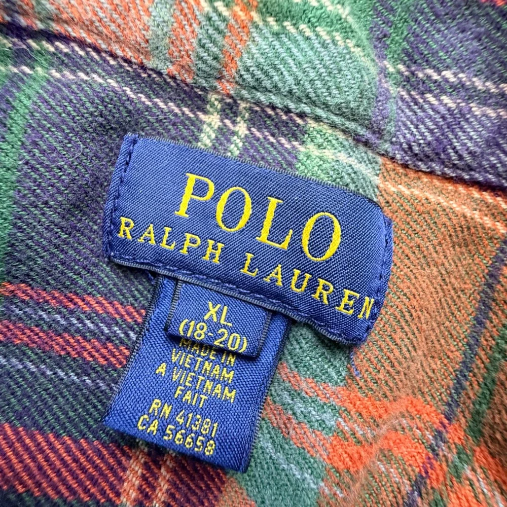 Polo Ralph Lauren Kids XL 18-20 Flannel Shirt Plaid Orange Green Purple Cotton